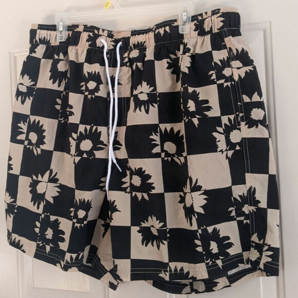 Urban Outfitters XXL Black & Cream Block Pattern Swim Trunks with Nesh Liner - Picture 1 of 6